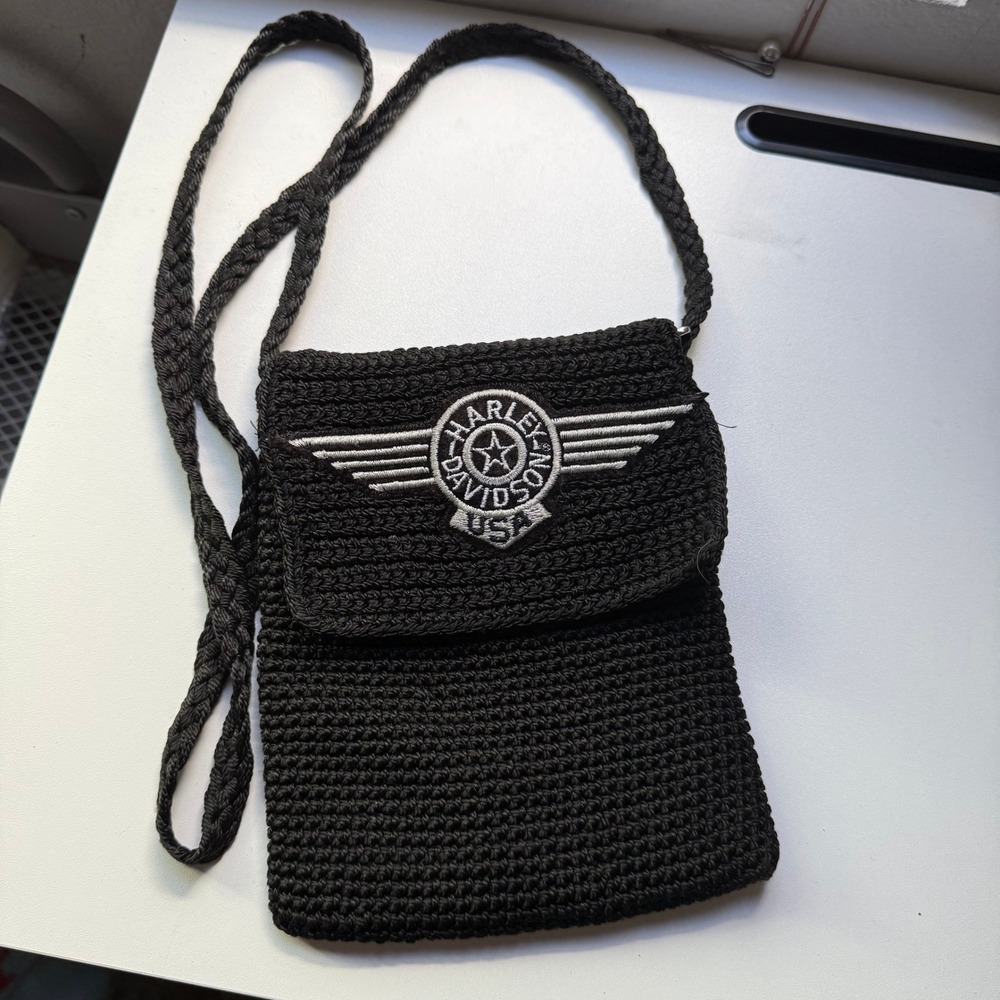 Harley Davidson Black Woven Crochet Crossbody Bag Embroidered Patch Biker Moto